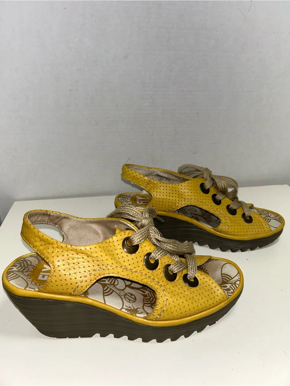 Fly London Ylva Yellow Perforated Leather Peep Toe Lace-Up Wedge Heel Sandal